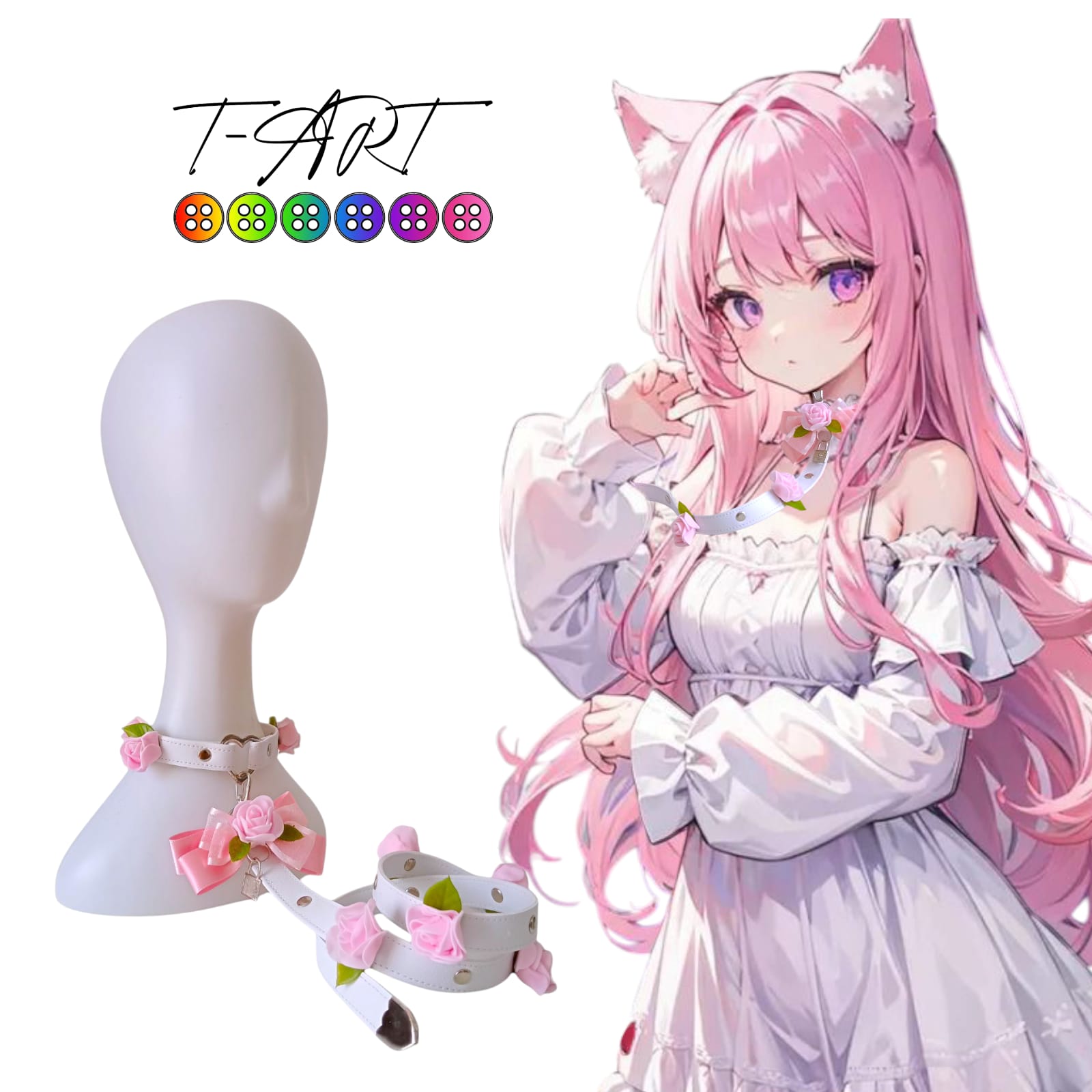 Collar kawaii con rosas y correa T-ART