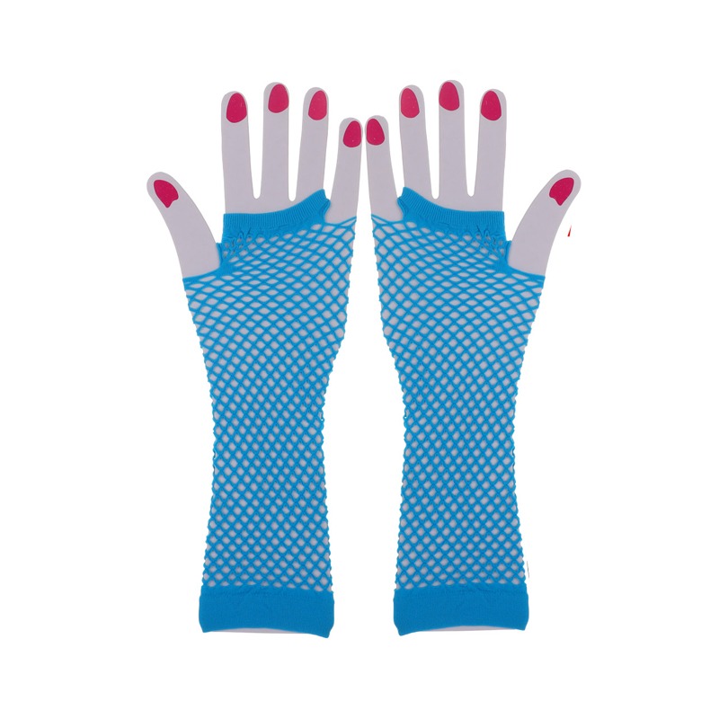 Guantes De Rejilla Largos Sin Dedos Con Diamantes De Imitación – Azul Real, Estilo Años 80, Para Halloween Y Cosplay