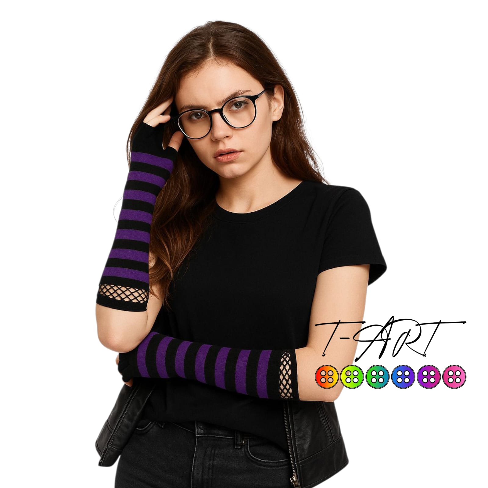 Guantes mitones a rayas morados y negras con red | T-ART