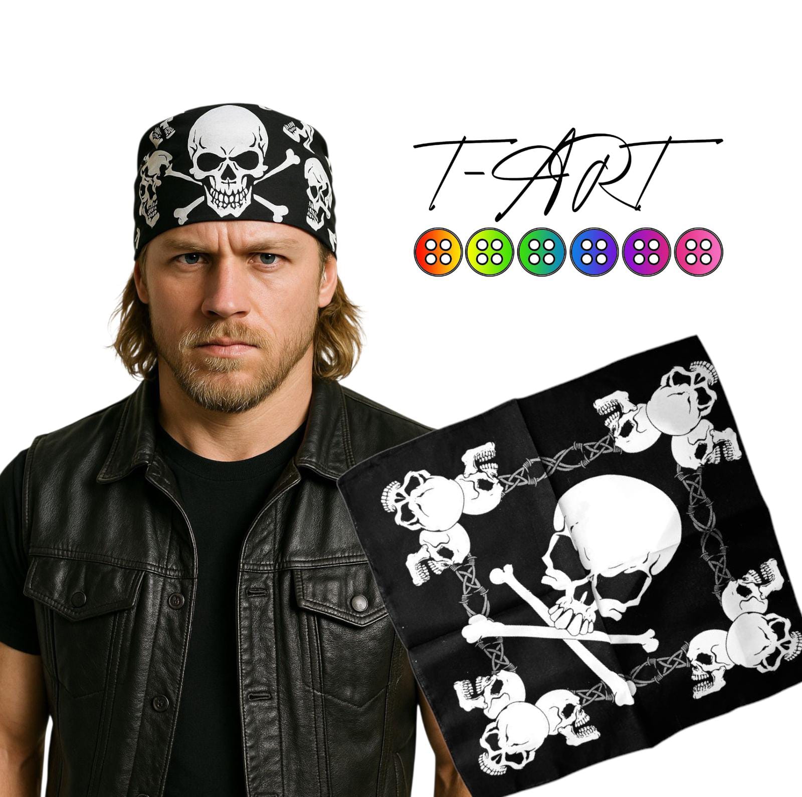 Bandana Pañoleta Negra Estampada de Calaveras para Motociclista | T-ART