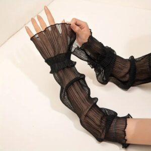 Guantes largos elegantes de tul canaleta plisado negro estilo mitón | T-ART