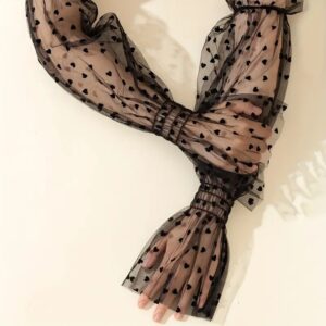 Guantes largos elegantes de tul corazon bordado negro estilo mitón | T-ART