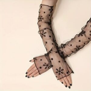 Guantes mitón largos elegantes de tul bordado con copos de nieve | T-ART